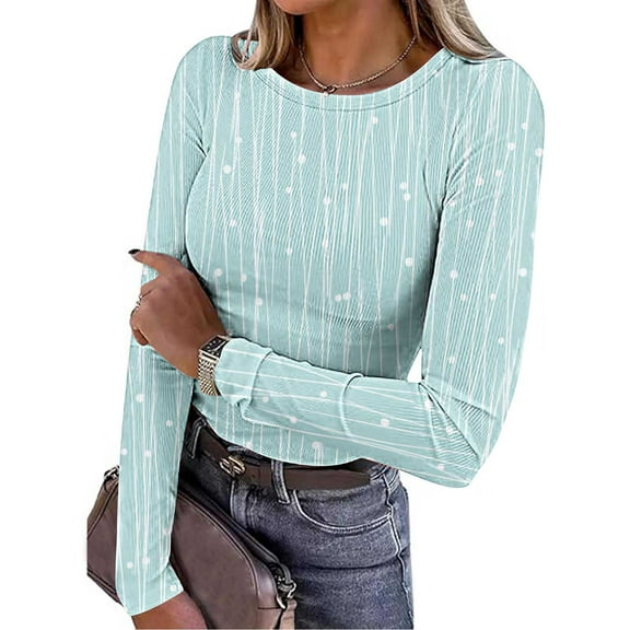 Tawop Womens Shirts Long Sleeves Round Neck Knit Stretch Printed Ribbed,Green,Size S