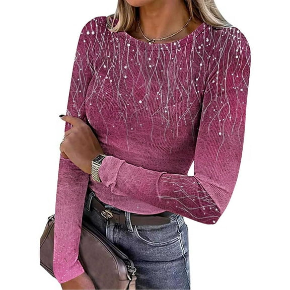 Tawop Womens Shirts Long Sleeves Round Neck Knit Stretch Printed Ribbed,Pink,Size S