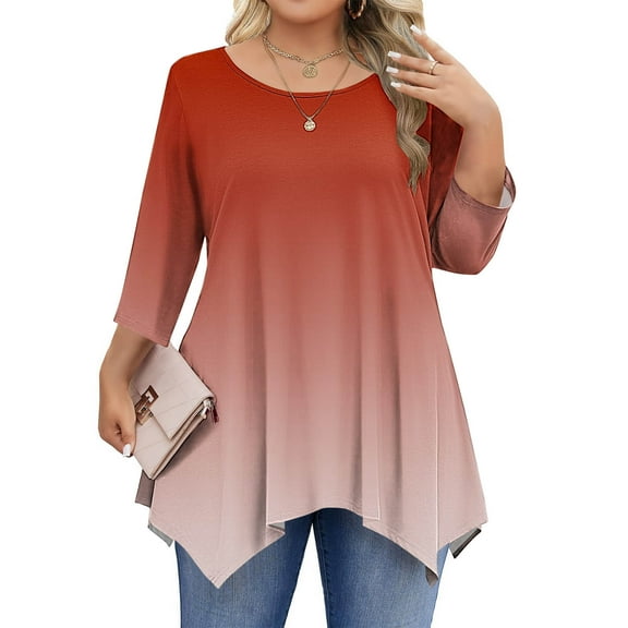 Tawop Womens Shirts Long Sleeves Round Neck Plus Size 3/4 Sleeve Loose Fit,Red,Size XL
