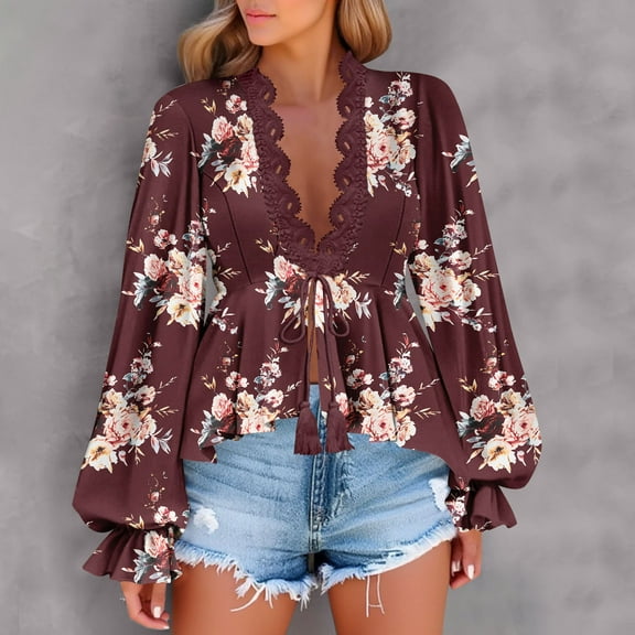 Tawop Womens Shirts Long Sleeves V-Neck Lace Printed,Red,Size L