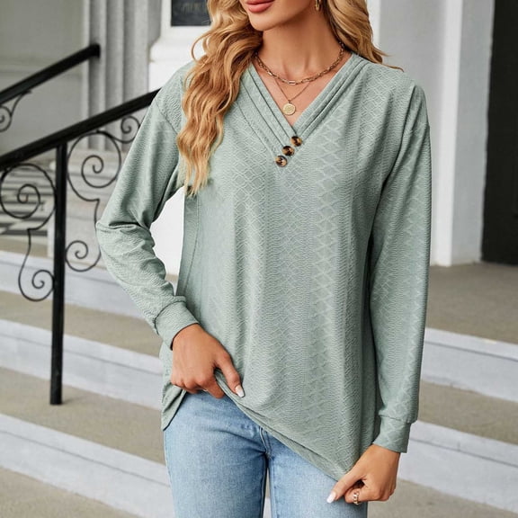 Tawop Womens Shirts Womens T Shirts Long Sleeve Solid Loose V Neck Lace Button Green L(Us:8)