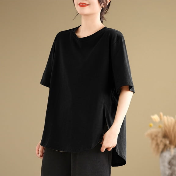 Tawop Womens Shirts Womens T Shirts Round Neck Short Sleeve Solid Loose Summer Linen Split Black L(Us:8)
