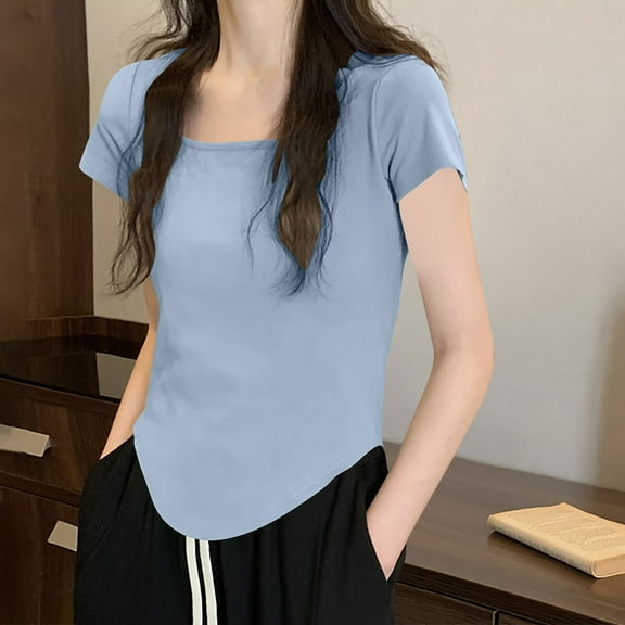 Tawop Womens Shirts Womens T Shirts Round Neck Short Sleeve Solid Low-Cut Blue Xxl
