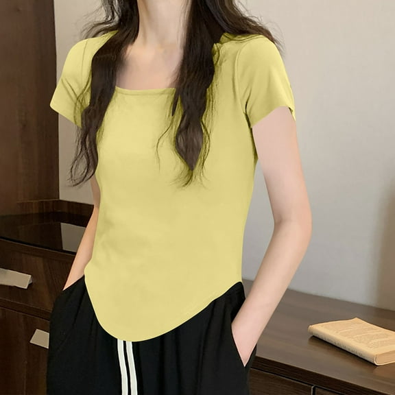 Tawop Womens Shirts Womens T Shirts Round Neck Short Sleeve Solid Low-Cut Yellow Xxl