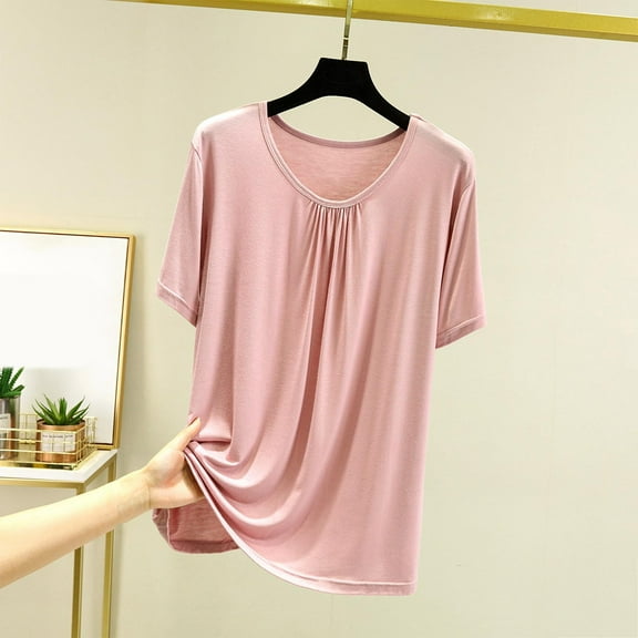 Tawop Womens Shirts Womens T Shirts Round Neck Short Sleeve Solid Pajamas Thin Pink L
