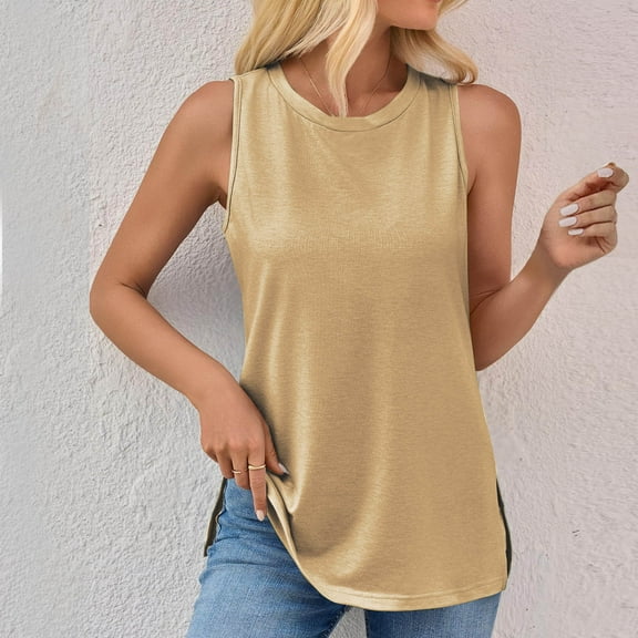Tawop Womens Shirts Womens T Shirts Round Neck Solid Loose Summer Sleeveless Tank Split Flowy Yellow Xxl