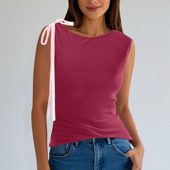 Tawop Womens Shirts Womens T Shirts Round Neck Solid Tank Bow Red S