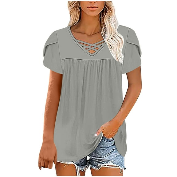 Tawop Womens Shirts Womens T Shirts Short Sleeve Loose V Neck Tee Ladies Gray Xxl