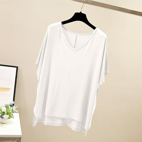 Tawop Womens Shirts Womens T Shirts Short Sleeve Solid Loose V Neck Split White L(Us:10)