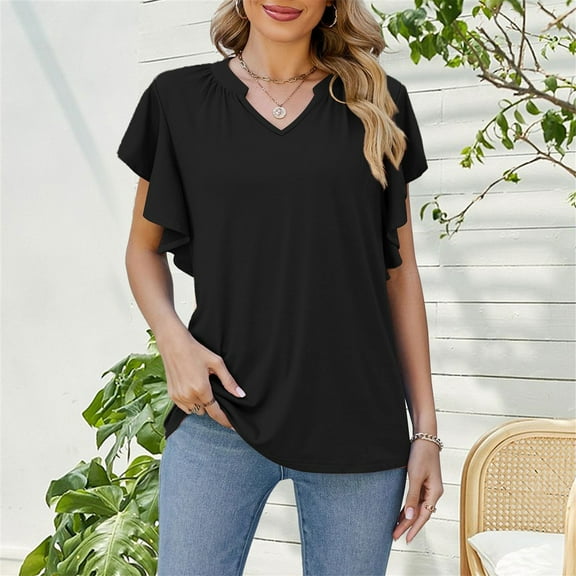 Tawop Womens Shirts Womens T Shirts Short Sleeve Solid V Neck Black S