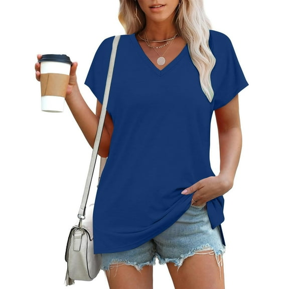 Tawop Womens Shirts Womens T Shirts Short Sleeve Solid V Neck Split Raglan Blue L