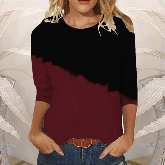 Tawop Womens Shirts Womens Tee Shirts 3 4 Sleeve Round Neck Long Sleeve Floral Red M(Us:6)