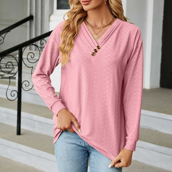 Tawop Womens Shirts Womens Tee Shirts Long Sleeve Solid Loose V Neck Lace Button Pink L(Us:8)