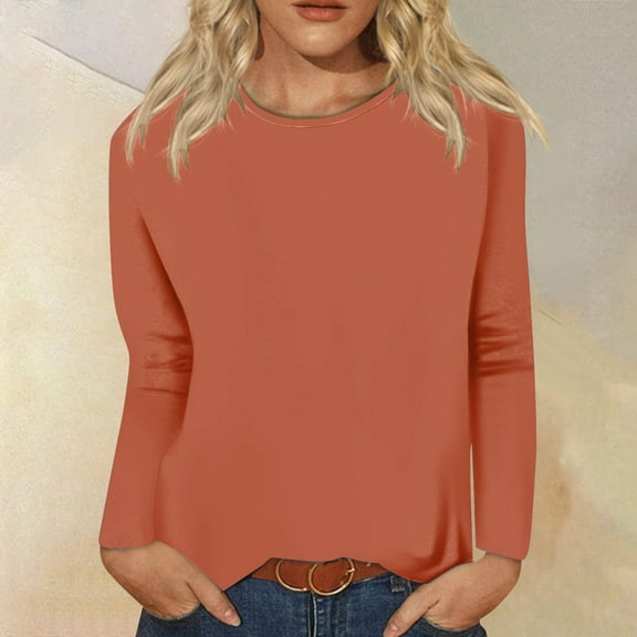 Tawop Womens Shirts Womens Long Sleeve Shirts Round Neck Solid Comfort Orange S(Us:4)
