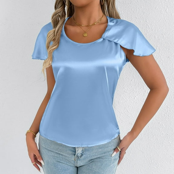 Tawop Womens Shirts Womens Tee Shirts Round Neck Short Sleeve Solid Loose Summer Pullover Tank Hooded Blue S