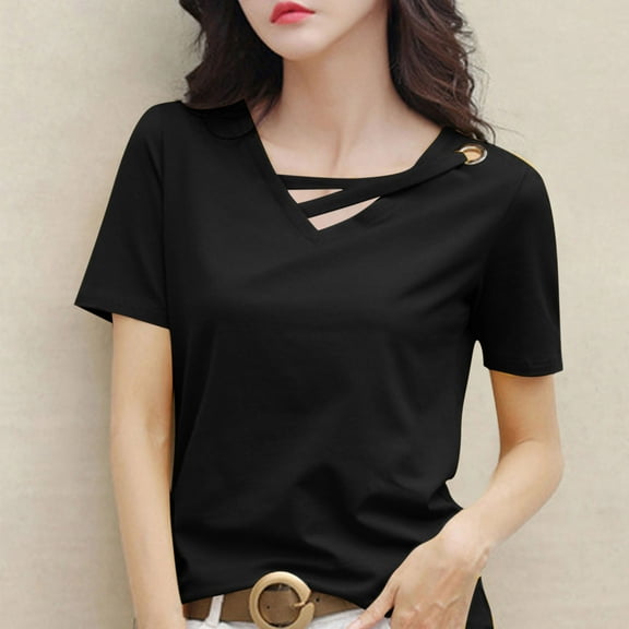 Tawop Womens Shirts Womens Tee Shirts Short Sleeve Solid Loose Summer V Neck Pullover Tank Hooded Black M