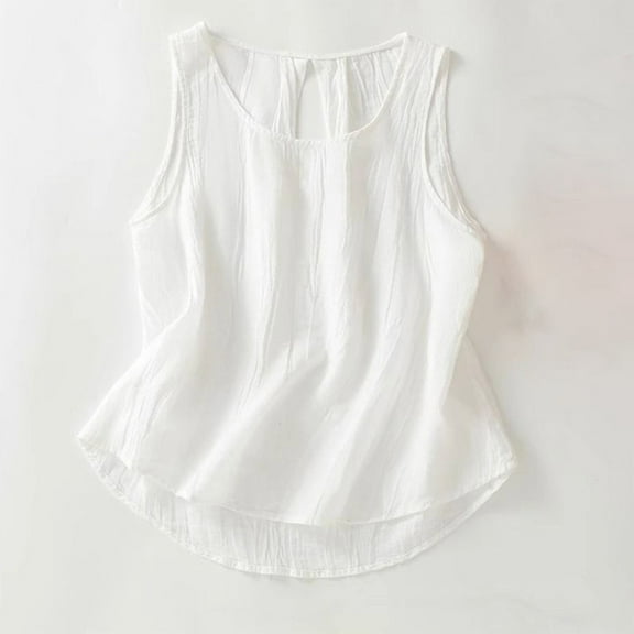 Tawop Womens Shirts Womens Tee Shirts Solid Summer Sleeveless Button Tank Linen Cotton Pocket Sling White M