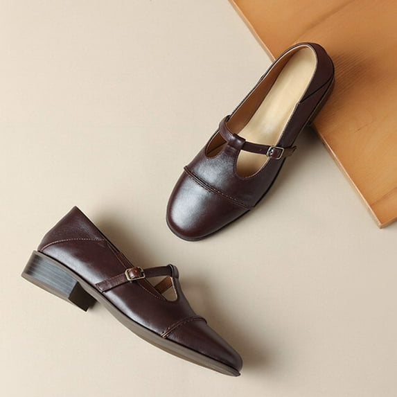 Tawop Womens Shoes Mary Jane Shoes for Women Leather Round Toe Soft Retro Brown Flats Size 7.5