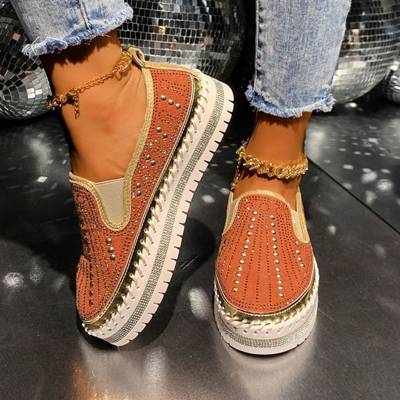 Tawop Womens Shoes Slip On Casual Shoes for Women Round Toe Loafers Rhinestone