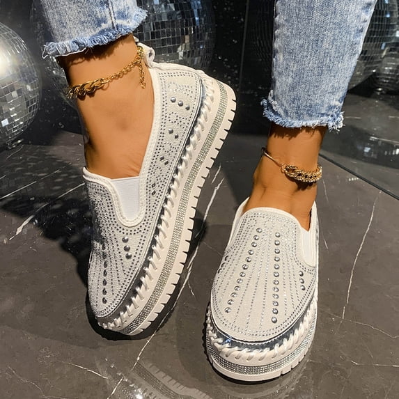 Tawop Womens Shoes Slip On Casual Womans Shoes Round Toe Loafers Rhinestone