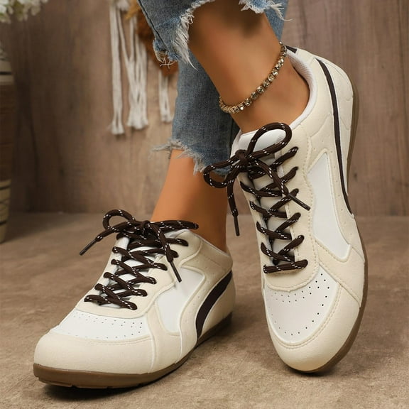 Tawop Womens Shoes Womens Dress Shoes Work Shoes Flats Casual Comfort Round Toe Lace-Up Beige 5.5