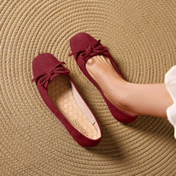 Tawop Womens Shoes Womens Dress Shoes Work Shoes Flats Round Toe Casual Bow Wine 7.5