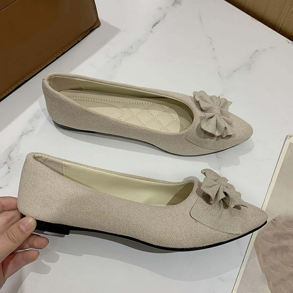 Tawop Womens Non Slip Shoes's Spring and Summer New Shallow Mouth Suede Bow Slip- Flat Shoes Beige Size 4.5