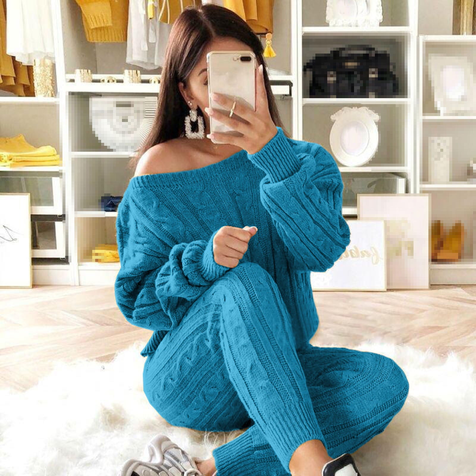 Tawop Womens Solid Color Off Shoulder Long Sleeve Cable Knitted Warm  Two-Piece Long Pants Sweater Suit Set Velvet Pants For Women Easter