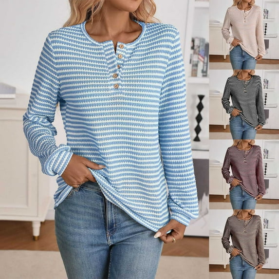 Tawop Womens Blouse Tops for Women Henley Stripped Ribbed Long Sleeve Pullovers Light Blue L