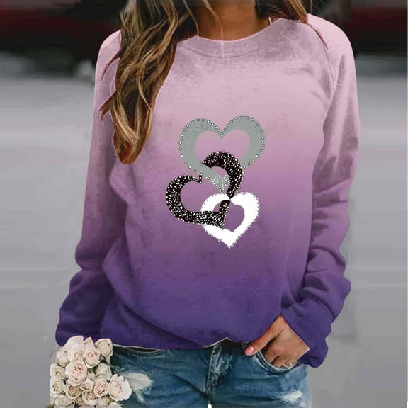Tawop Womens Sweatshirts Graphic Women Tops Sweatshirt Crew Neck Long Sleeve Heart Purple XL