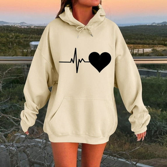 Tawop Womens Sweatshirts Womens Top Sweatshirts for Women Long Sleeve Hoodies Pockets Tunic Graphic Heart Beige M