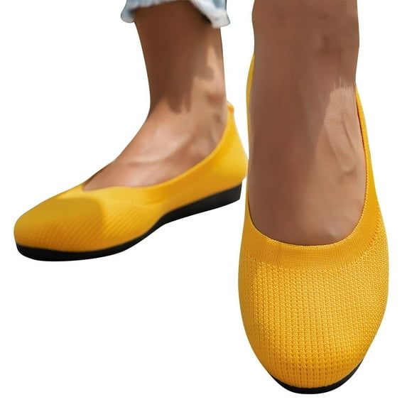 Tawop Womens Tennis Shoes Slip On Walking Work Casual Flat Round Toe Retro Knit Yellow Size 9.5