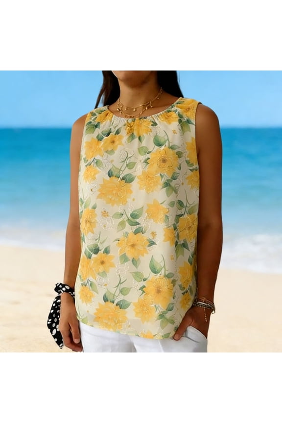 Womens Tops Women's Chiffon Printed Elegant Top Gathered Neckline Top Women's Sleeveless Top