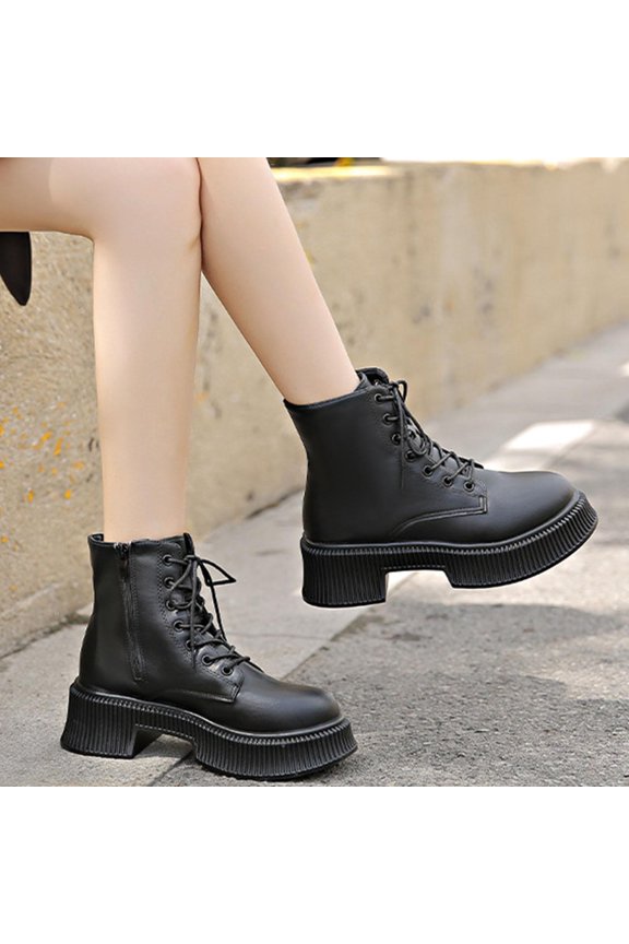 Womens Winter Boots Ankle Low Heel Lace Up Thick Sole Round Toe Winter Black Boots