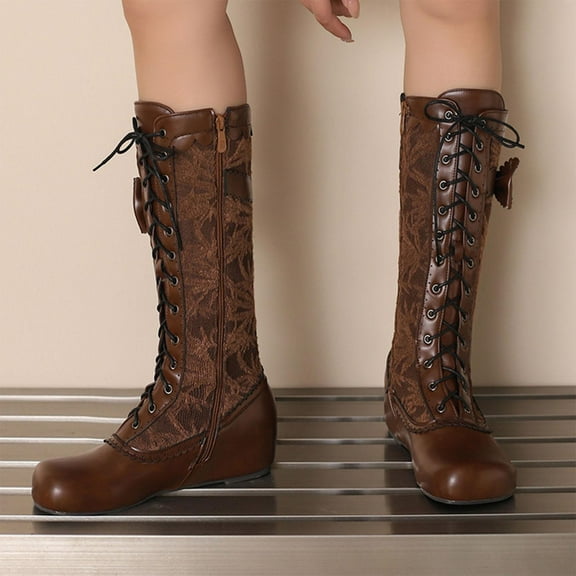 Tawop Womens Winter Boots Knee High Lace Up Side Zip Round Toe Winter Boots