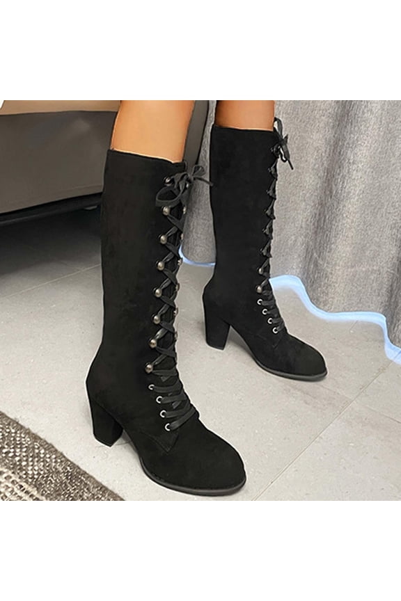 Womens Winter Boots Mid-Calf Chunky High Heel Winter Fall Black Boots