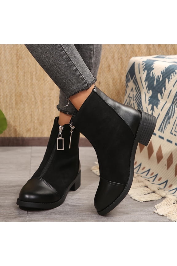 women's Boots Ankle Chunky Low Heel Zipper Round Toe Fall Black Boots