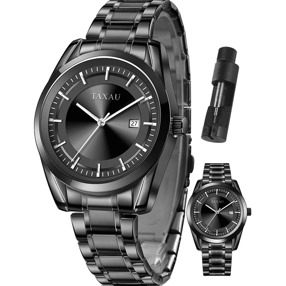 Taxau Black Watch Men Fashion Analog Quartz Mens Watch Big Black Dial Watch For Men Stainless Steel Watches Day Date Men Wrist Watches Men Classic Waterproof Watches