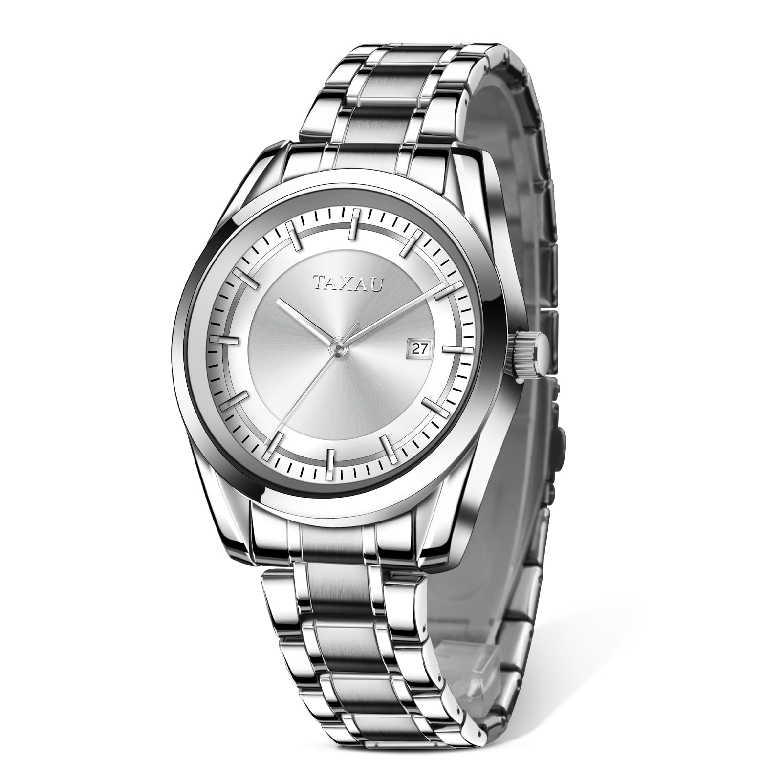 Taxau Fashion Mens Watch Classic White Face Watch For Men Sliver Stainless Steel Watches Analog