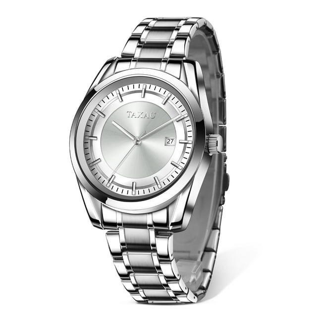 Taxau Fashion Mens Watch Classic White Face Watch For Men Sliver Stainless Steel Watches Analog