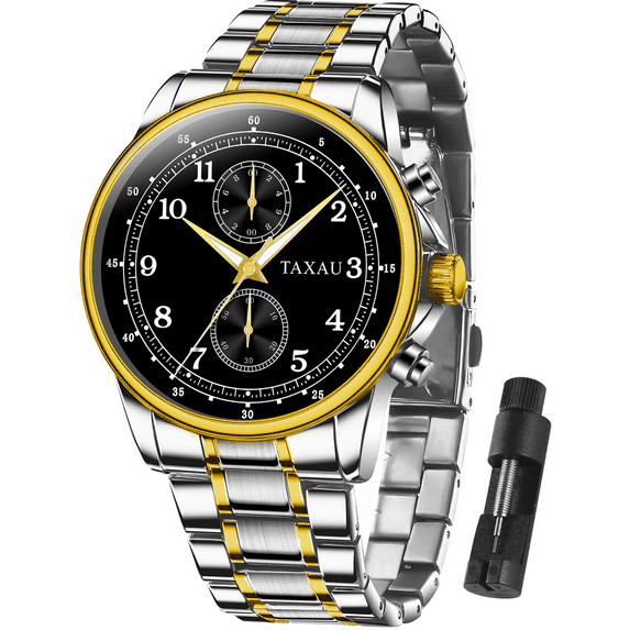 Taxau Gold Sliver Mens Watches Classic Black Dial Watches For Men Analog Quartz Watches Men Gold Sliver Stainless Steel Watches Day Date Mens Watches Waterproof Watches Relojes Para Hombre Calendar