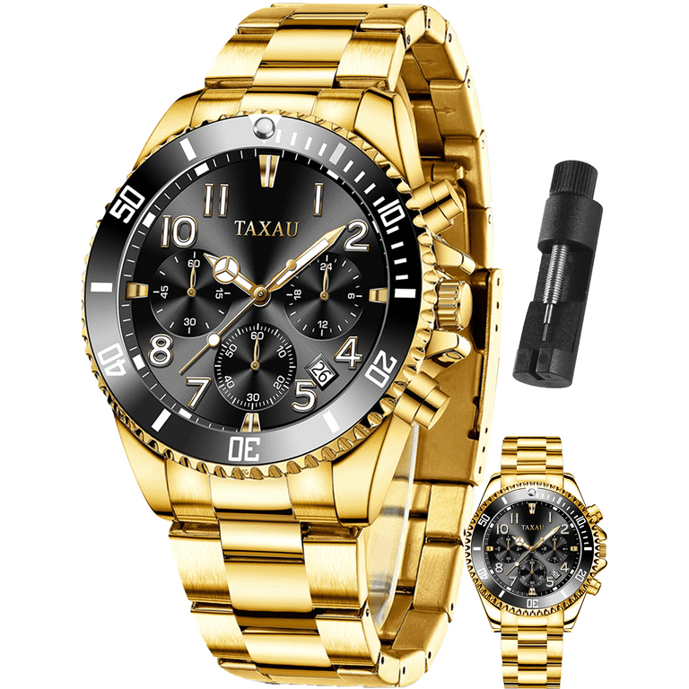 Taxau Gold Stainless Steel Watches for Men Watch Men Big Black Face Luxury Watches for Men Quartz Reloj para Hombr