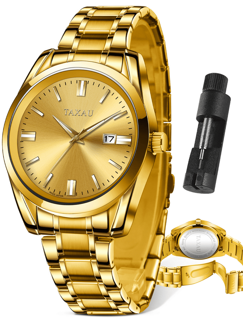 TAXAU Gold Watch for Men, Gold Stainless Steel Strap, Big Gold