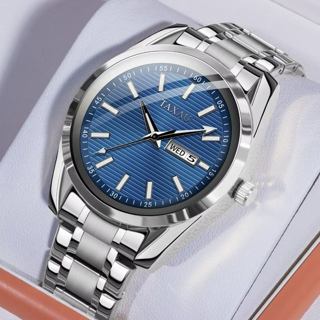 Taxau Men's Watches With Sliver Stainless Steel Band Fashion Blue Dial mens Watches Classic