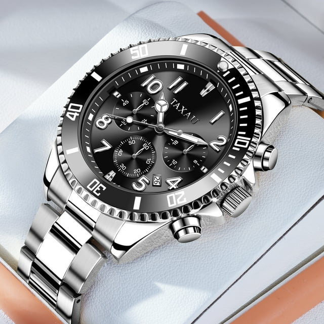 Taxau Silver Stainless Steel Watches for Men Watch Men Big Black Face