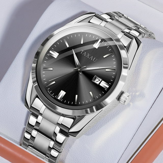 Taxau Sliver Mens Watch Large Black Face Watch For Men Waterproof Mens