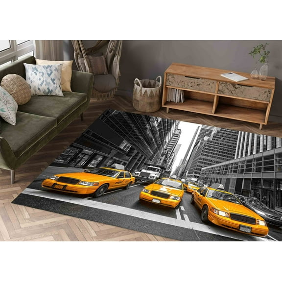 Taxi of New York Rug, Office Rug, New York Rug, Landscape Rugs, Large Rug, Gift For Him, Classic Rug, Pattern Rug, Gift For Her, Yellow Rug, 3.3'x6.5' - 100x200 cm