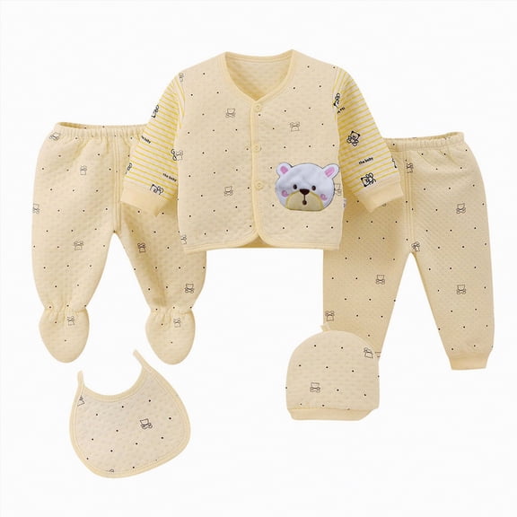 Taybagh Baby Girl Outfit 5PCS Print Long Sleeve Tops Hat Pants Bib Outfits Newborn Girls Clothes Homewear Yellow 0-3 Months