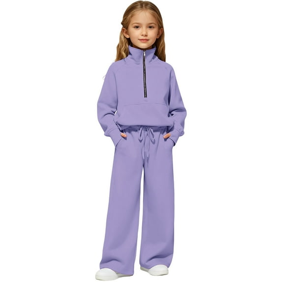 Taybagh Baby Girl Winter Outfits Solid Color 2 Piece Sweatsuit Set Alf Zip Sweatshirt Pants Teen Girls Clothes Size 6 Purple 7-8 Years
