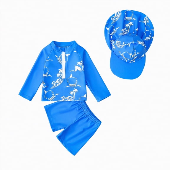 Taybagh Boy Split Swimsuit Cartoon Short Sleeved Shorts Childrens Swimsuit with Sun Hat Boys Clothes Beach